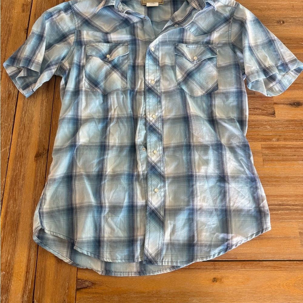 Vintage Wrangler Light Blue Plaid Pearl Snap Rodeo Shirt